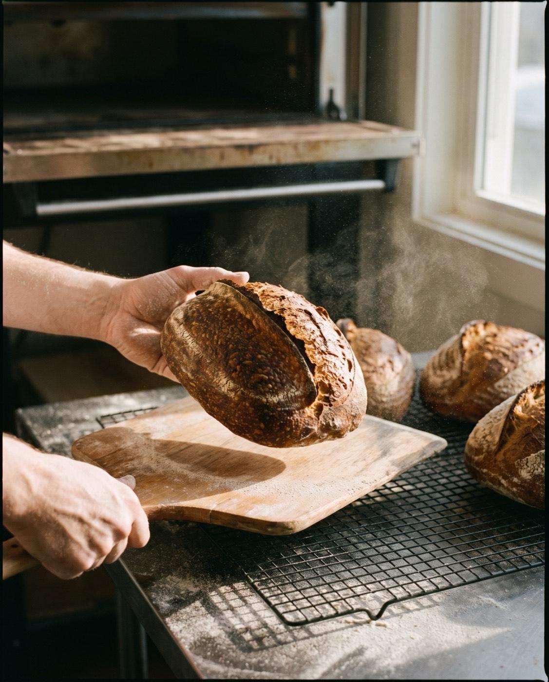 A baker's floured hands lifting a dark blistered sourdough loaf off a wooden peel onto a wire rack, flour dust in low morning light.