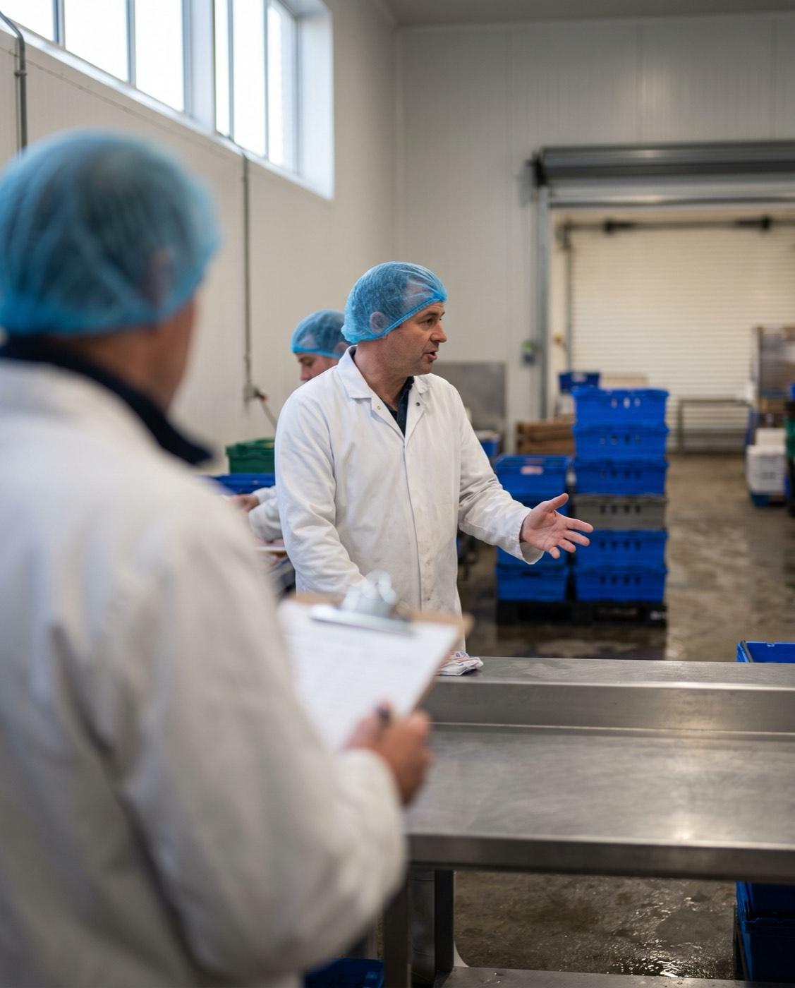 Two workers in white coats and blue hairnets at a stainless steel bench in a chilled food production unit, one explaining something to the other over a clipboard.