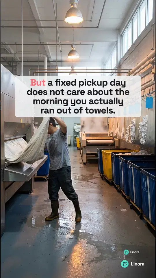 A worker feeding a sheet onto the table of a flatwork ironer in a commercial laundry, with a line of the script set over the picture.